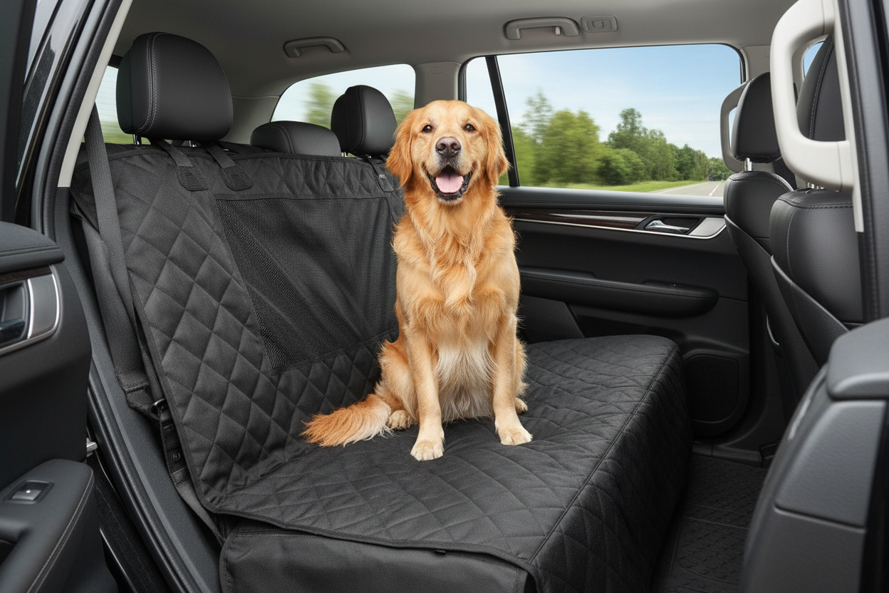 Dog car seat cover installed on back seat of car with happy dog