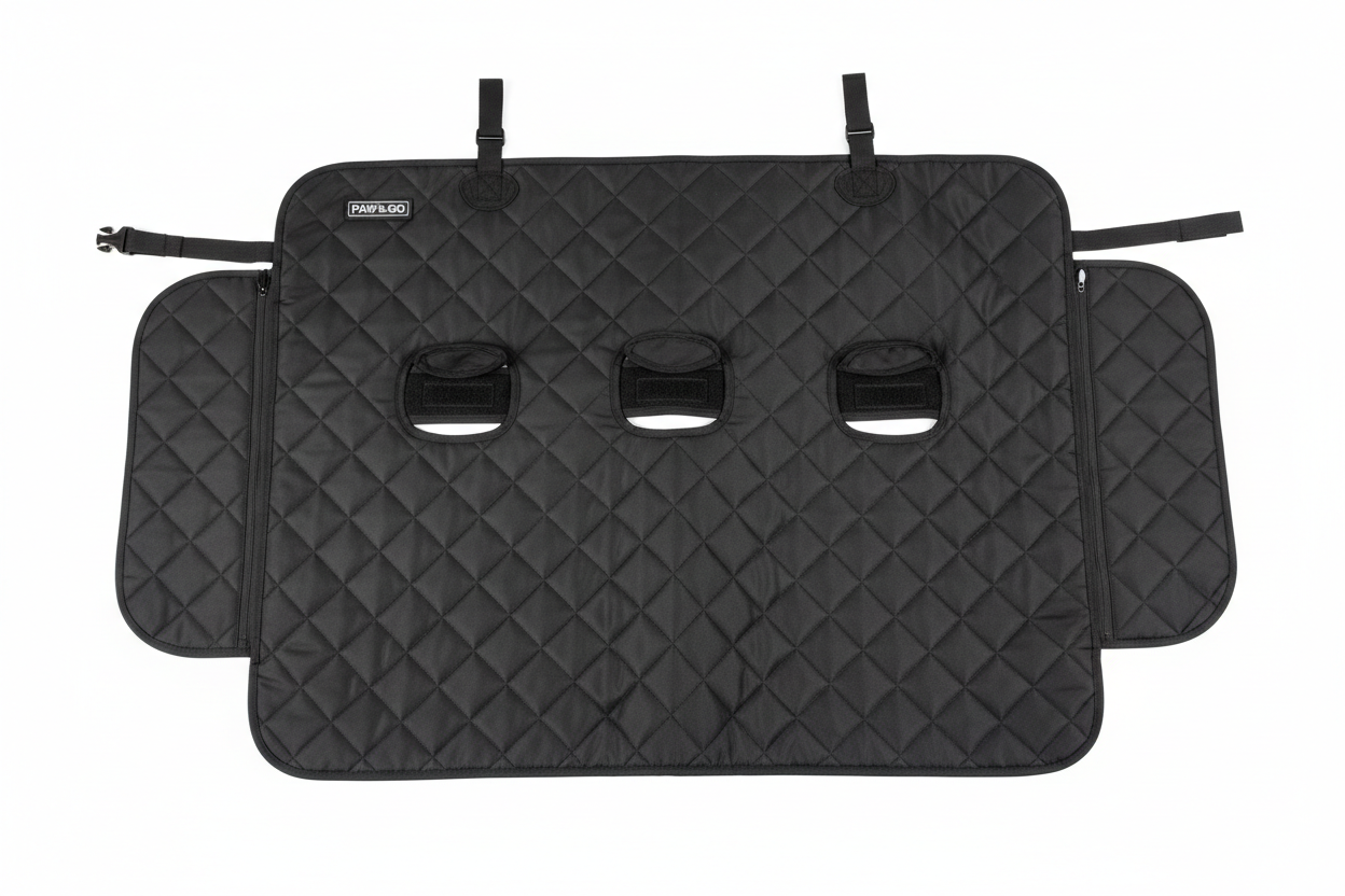 Black dog car seat cover flat lay showing full dimensions and seat belt openings