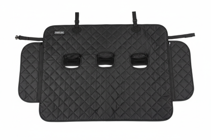 Black dog car seat cover flat lay showing full dimensions and seat belt openings