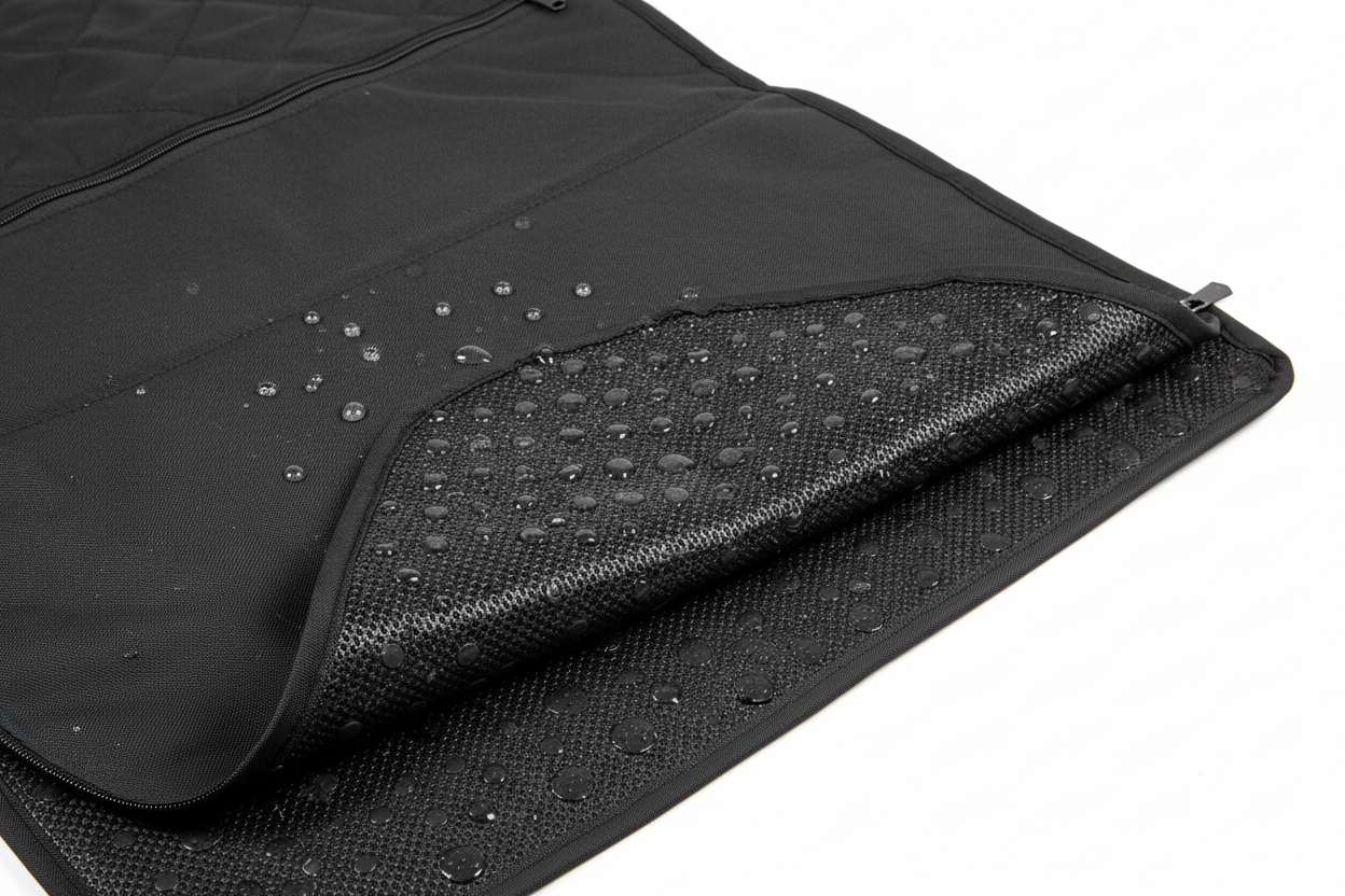 Close-up of black waterproof dog car seat cover showing non-slip backing and material texture