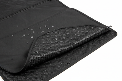 Close-up of black waterproof dog car seat cover showing non-slip backing and material texture