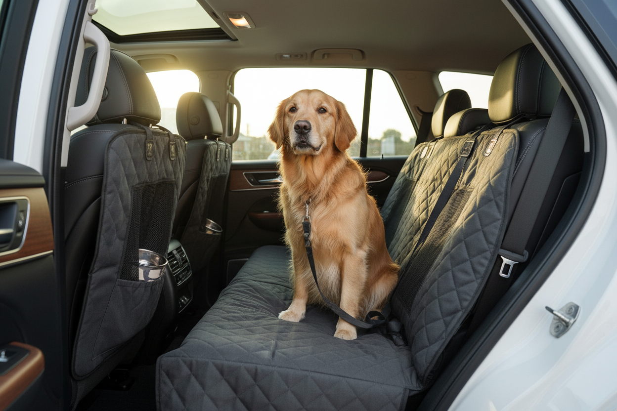 Golden retriever sitting comfortably on dog car seat cover inside an SUV