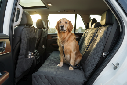 Golden retriever sitting comfortably on dog car seat cover inside an SUV