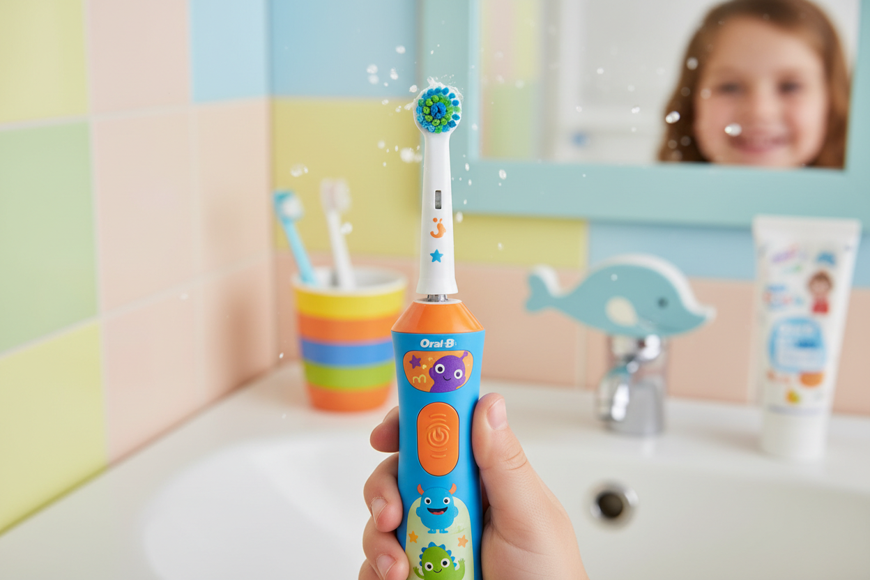 Close-up of Oral-B kids electric toothbrush showing colorful handle in child-friendly bathroom