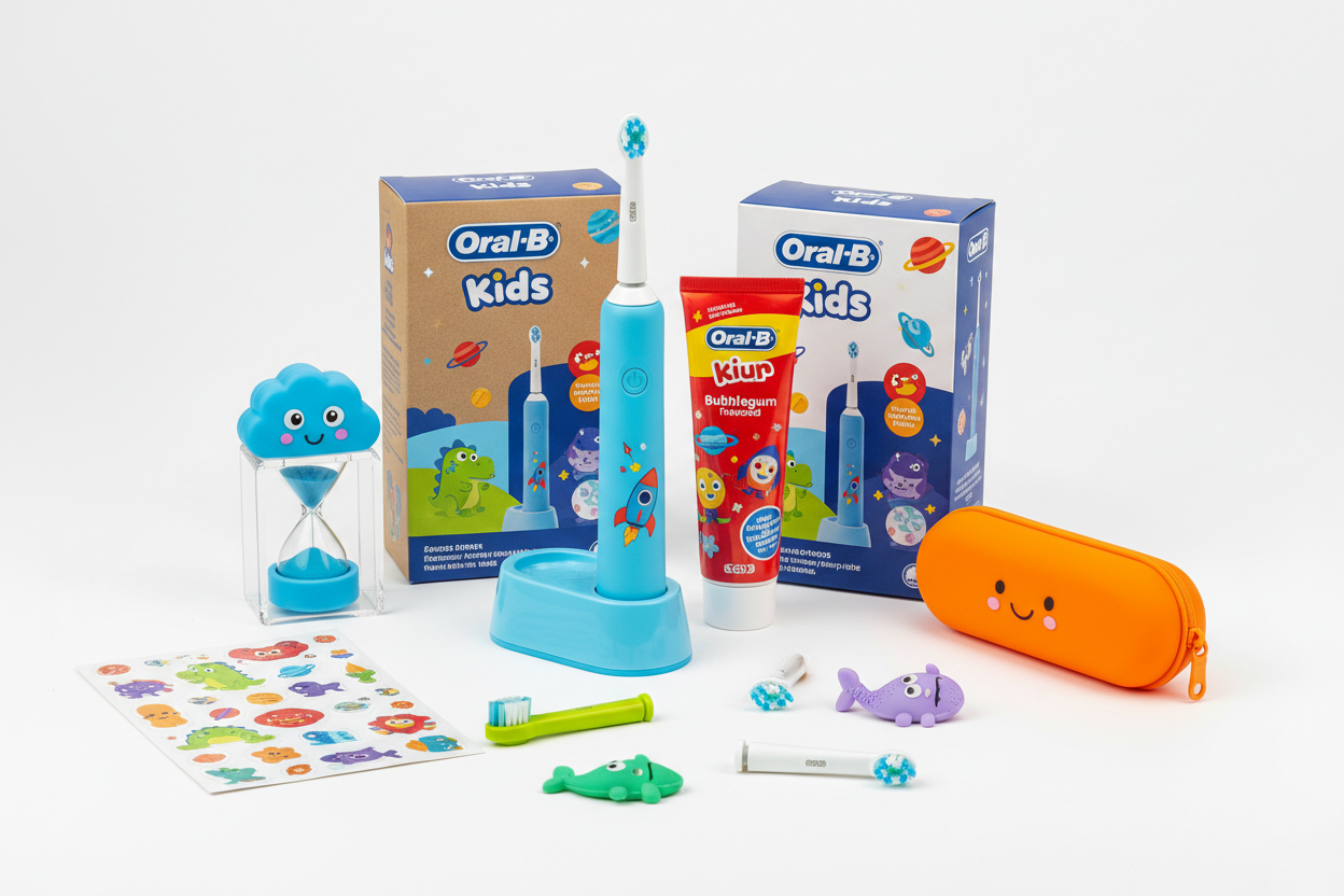 Oral-B kids electric power toothbrush bundle with toothpaste and accessories on white background