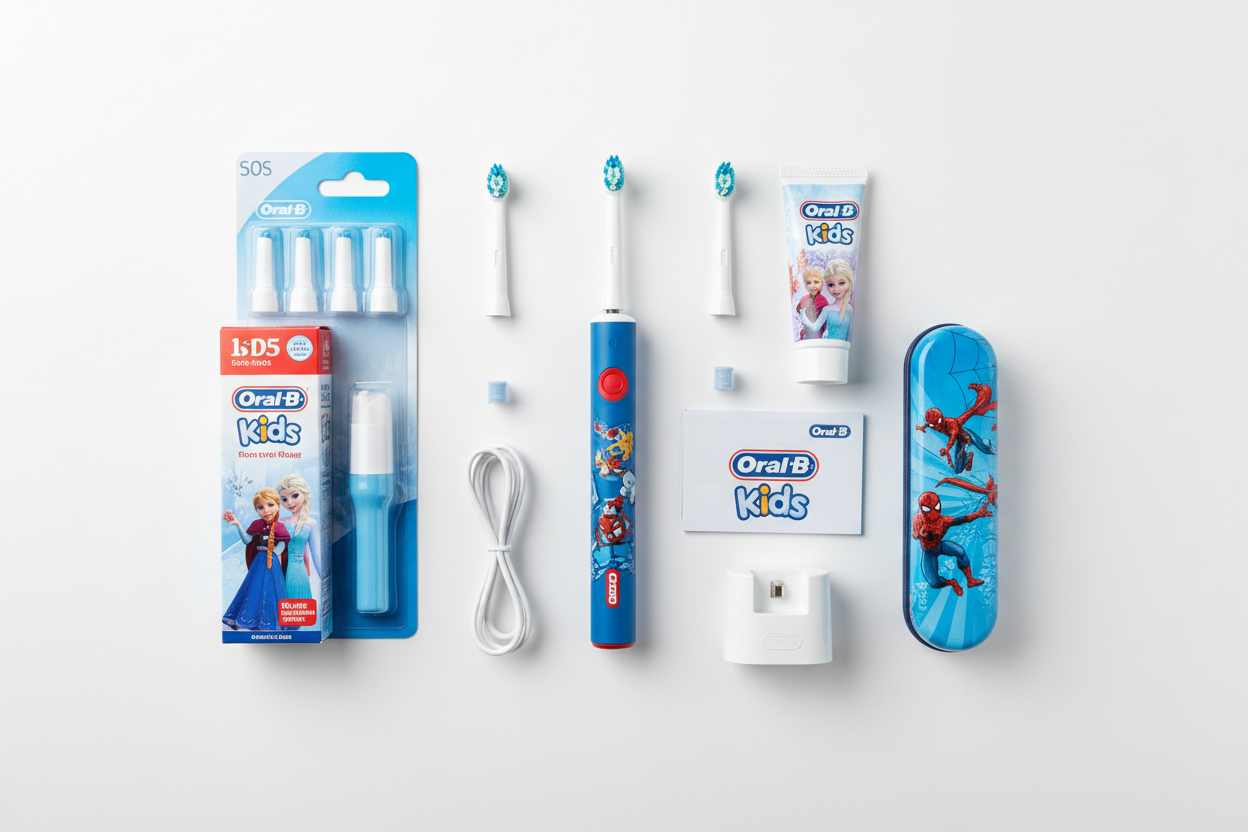 Oral-B kids power toothbrush bundle flat lay showing all included items on white background